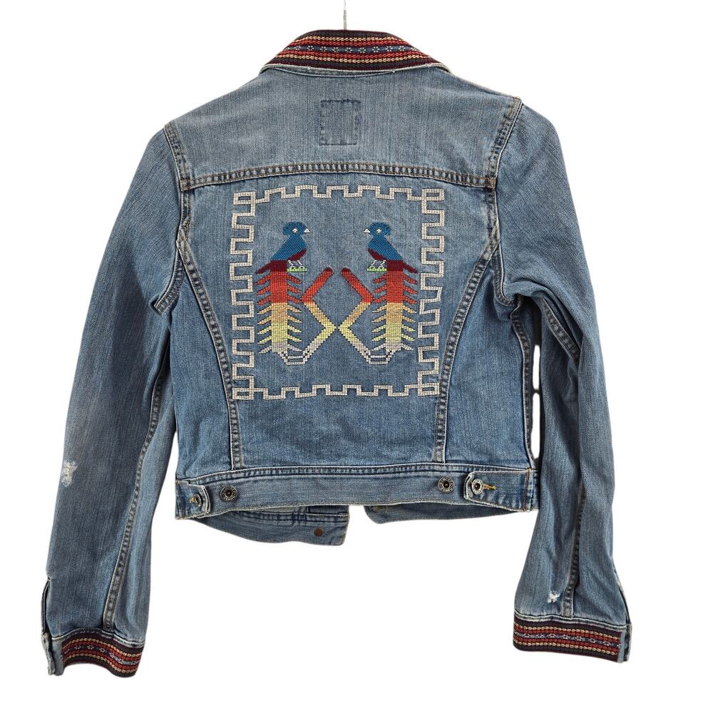 Lucky Brand Denim Trucker Jacket XS Small Womens Embroidered‎ Boho Southwestern